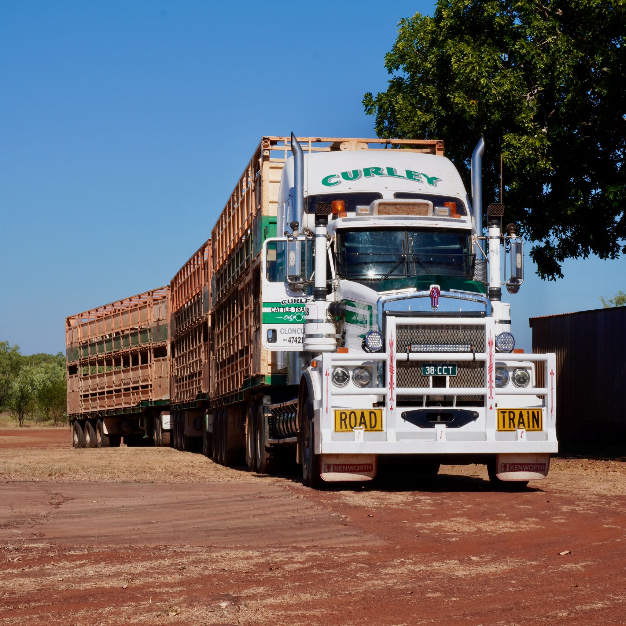 A road train, an Australian truck towing three trailers, parked on the side of the road.