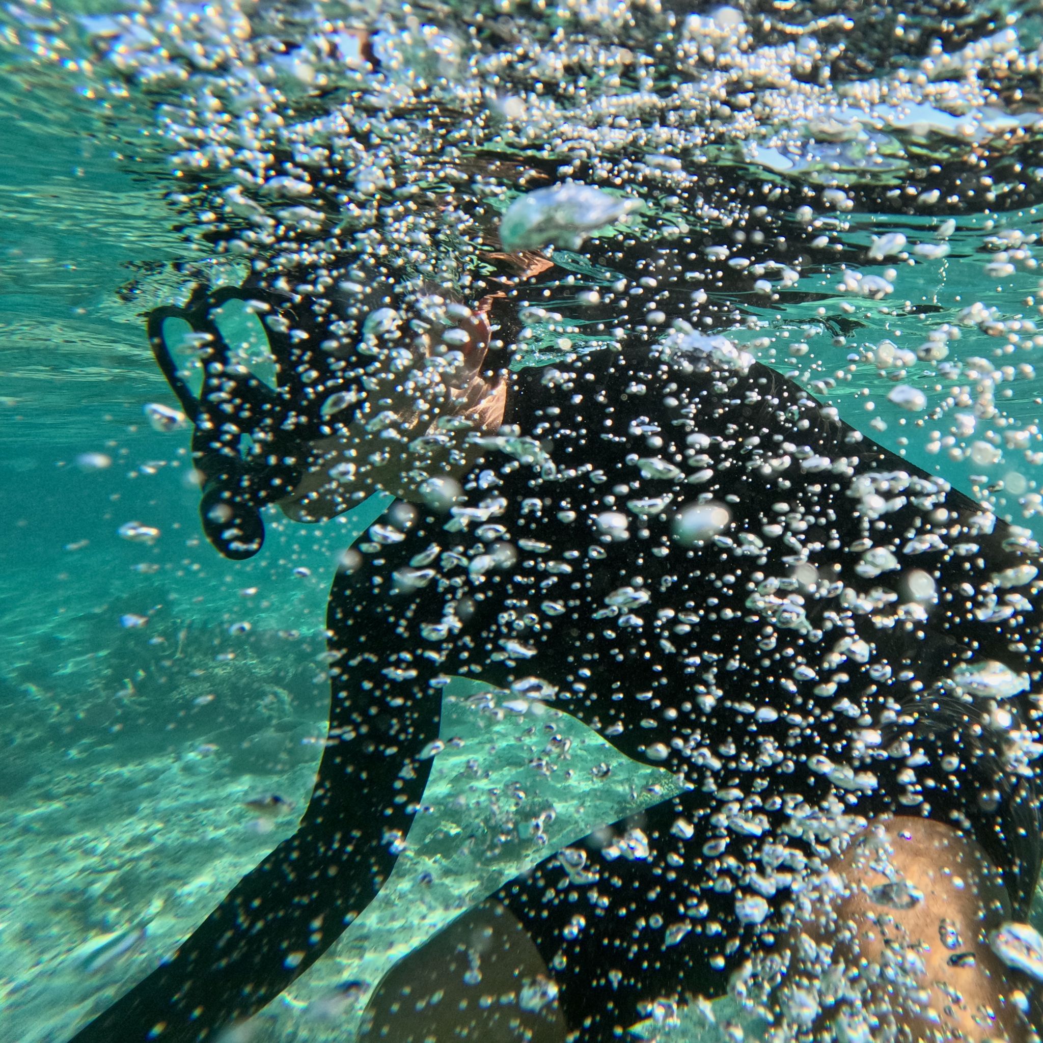 A man snorkelling in clear water, bubbles of air surrounding him.