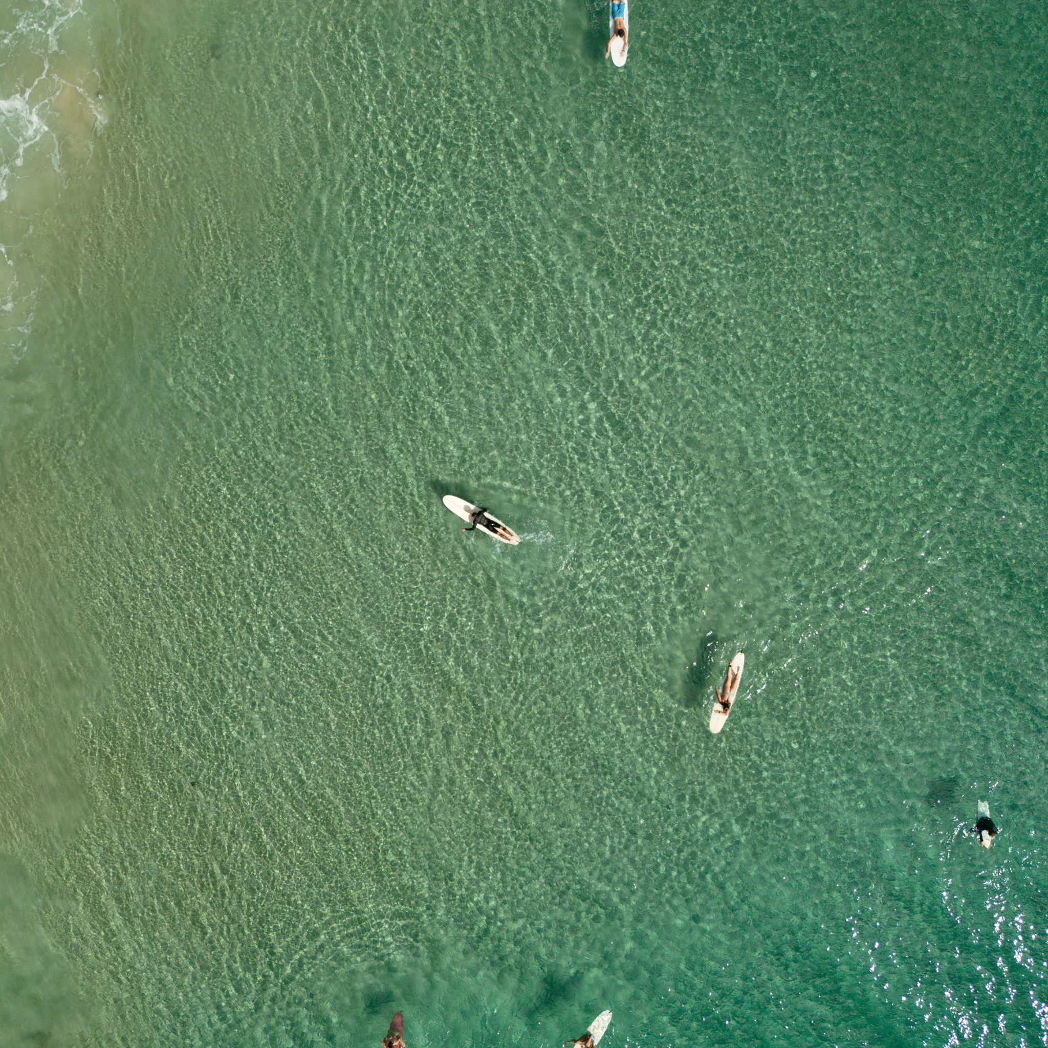 An aerial shot of surfers waiting for waves in turquoise water.