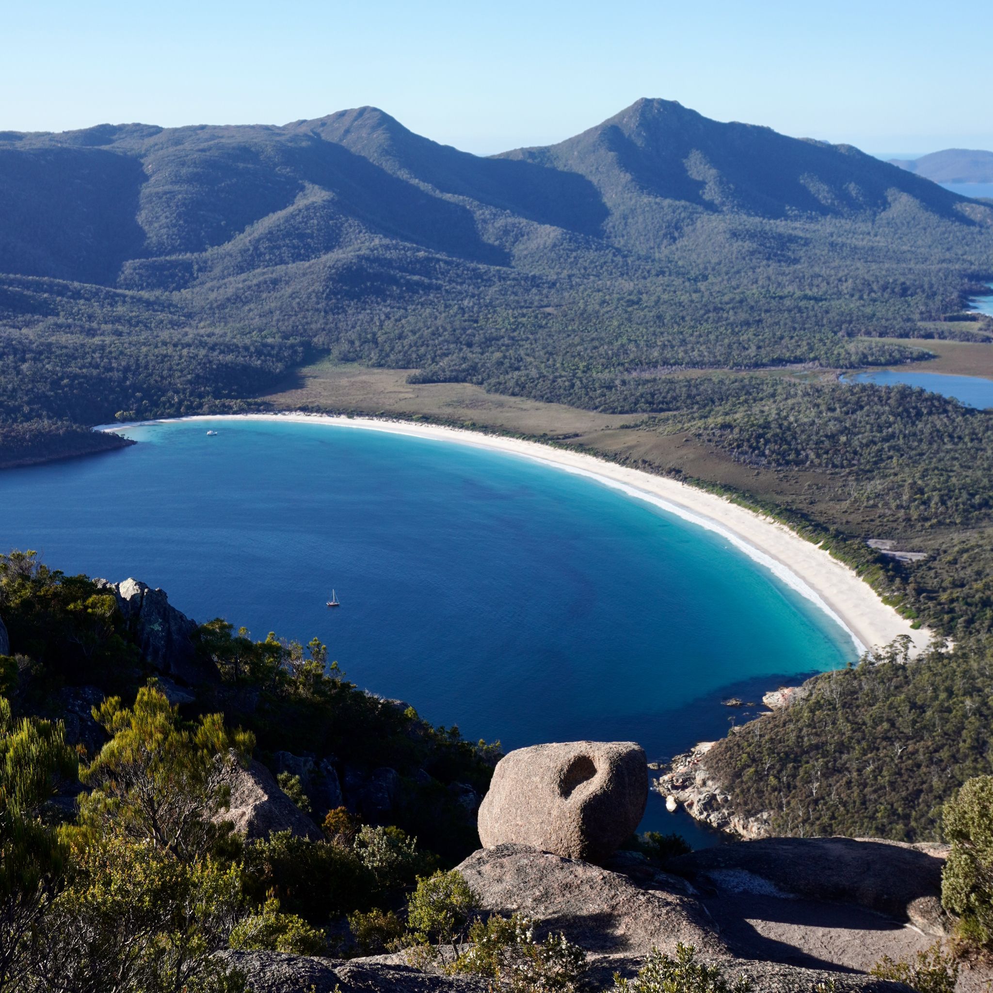 The panorama from the top of Mount Amos, where we can see Wineglass Bay and the Hazards in the distance.