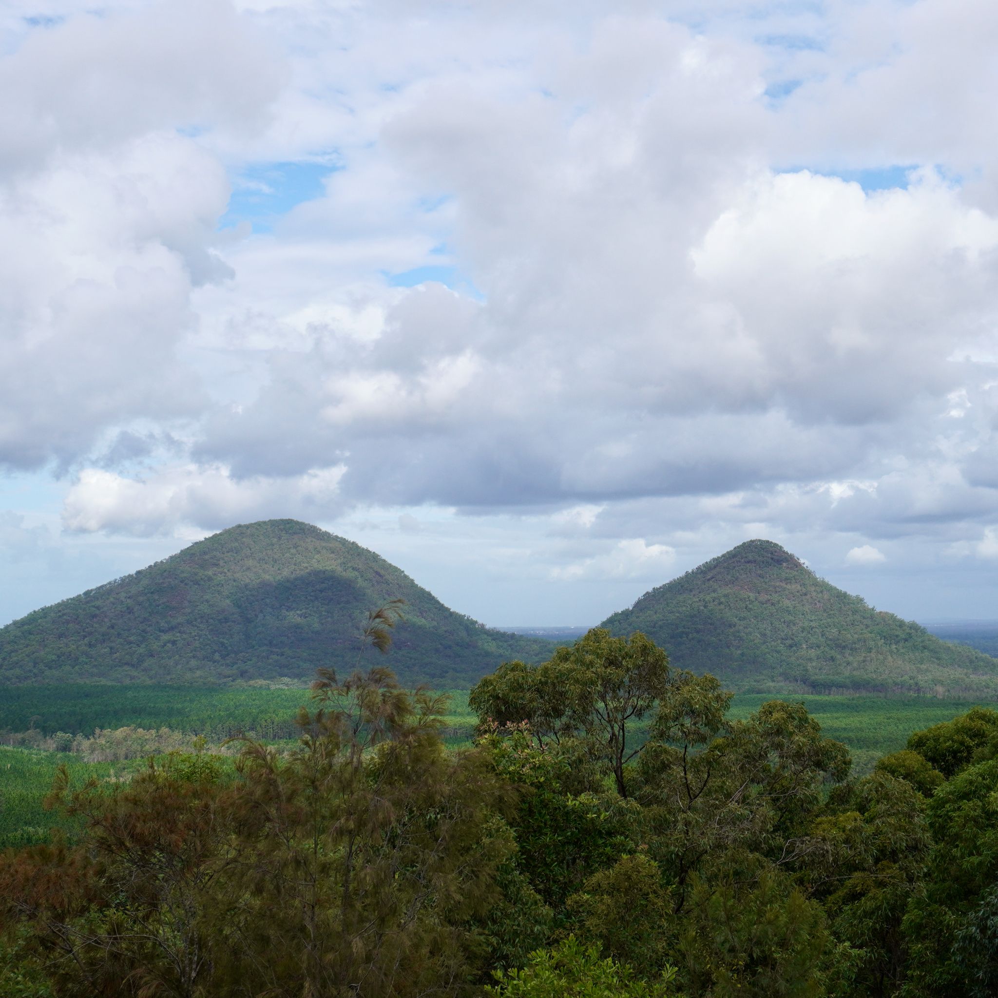 Two of the Glasshouse Mountains, located in Queensland's Sunshine Coast.